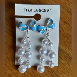 Francesca's Marlene Blue Bow & Pearl Drop Strand Earrings